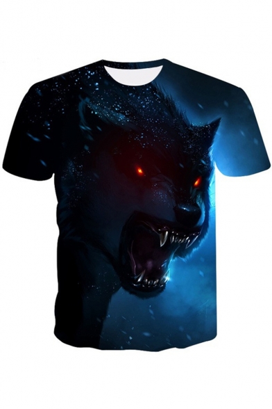 Men's Hot Popular 3D Red Eyes Wolf Printed Basic Round Neck Short Sleeve Casual Dark Blue T-Shirt