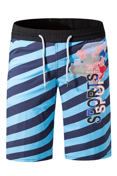 Mens Fashion Drawstring Waist Striped Letter SPORTS Cotton Lounge Shorts Beach Swim Shorts