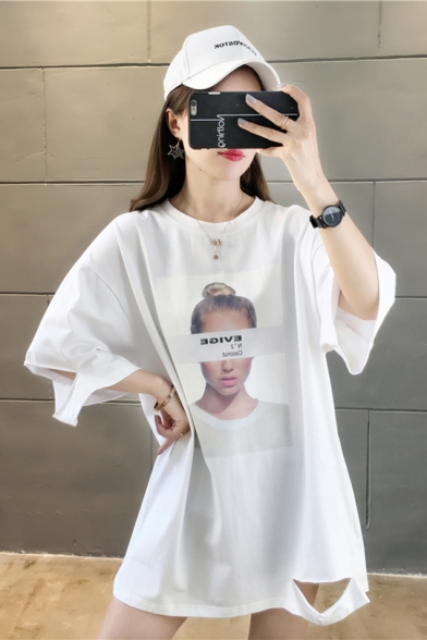 New Fashion Character Print Round Neck Cut Out Half Sleeves Summer Graphic Tee