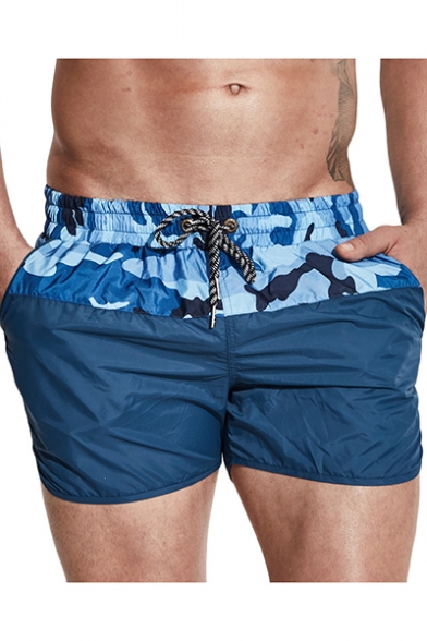 New Fashion Unique Camo Patched Drawstring Waist Quick Dry Mens Swim Shorts with Liner