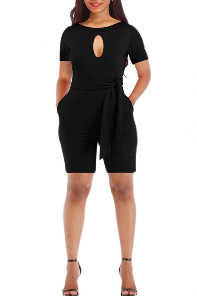 New Stylish Solid Color Round Neck Short Sleeve Sexy Cut Out Front Tied Waist Slim Romper for Women