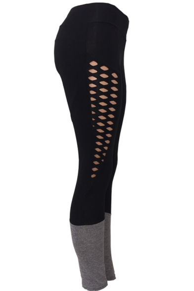 New Trendy Colorblock Hollow Out Quick Dry Fitness Yoga Leggings in Black