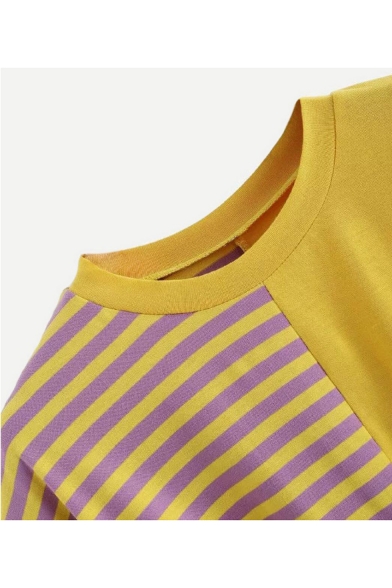 New Trendy Colorblock Striped Printed Round Neck Short Sleeve Tied Hem Cropped Ginger T-Shirt