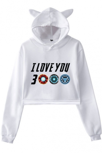 New Trendy Letter I Love You 3000 Long Sleeve Cute Cat Ear Design Cropped Hoodie for Girls