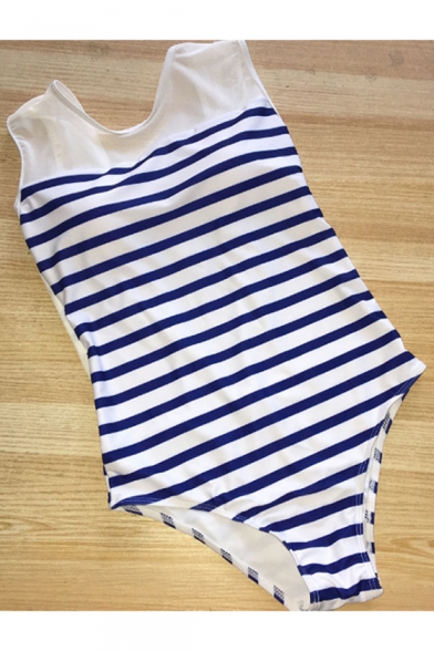 New Trendy Striped Printed Low Back Womens Slim Fit Blue One Piece Swimsuit Swimwear