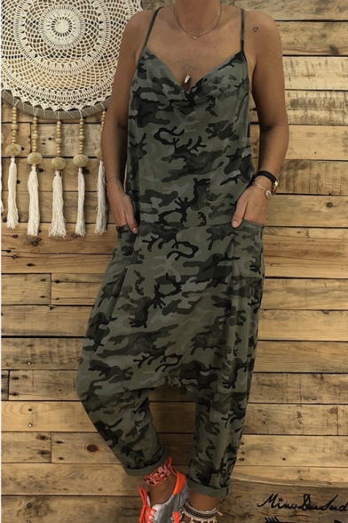 New Women's Camouflage V-Neck Sleeveless Loose Baggy Jumpsuits with Pockets