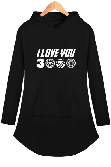 Popular Unique Letter I Love You 3000 Womens Long Sleeve Hooded Dress