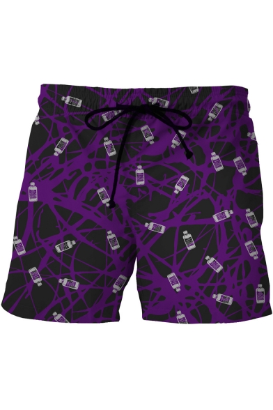 Purple Fashion Creative Bottle Printed Drawstring Waist Beach Swim Shorts with Pocket