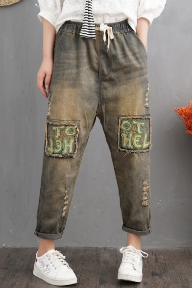 Retro Washed Drawstring Waist Letter Patchwork Ripped Loose Casual Jeans for Women