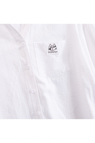 Simple Cartoon Cat Pocket Chest Three-Quarter Sleeve V-Neck White Button Shirt