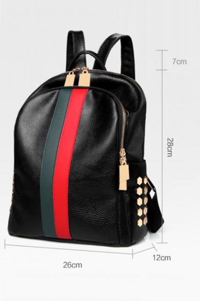 Simple Classic Color Block Striped Rivet Embellishment Black PU Backpack 26*12*28 CM