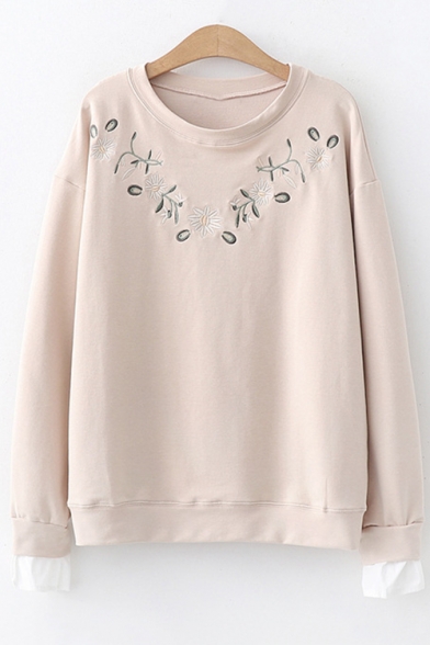 Simple Floral Embroidery Long Sleeve Round Neck Pullover Sweatshirt