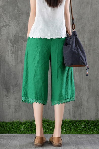 Summer Chic Lace Trim Basic Solid Color Comfort Linen Wide-Leg Cropped Culotte Pants