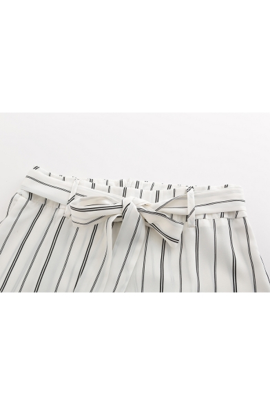 Summer Classic Trendy Stripe Printed Tied Waist Capri Wide Leg White Pants for Women