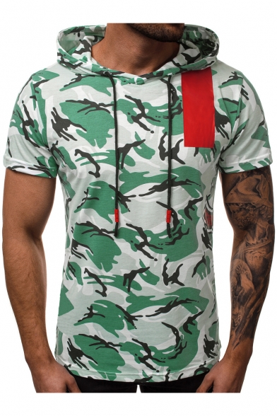 Summer Cool Camouflage Pattern Short Sleeve Hooded Drawstring T-Shirt for Men