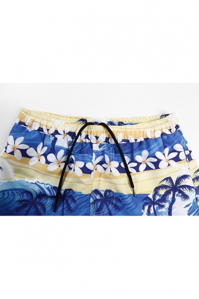 Summer Fashion Blue Tropical Coconut Palm Print Quick Dry Loose Fit Swim Trunks for Guys