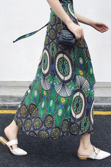 Summer Holiday Boho Style Tribal Printed Tied Side Long Beach Skirt Chiffon Wrap Skirt