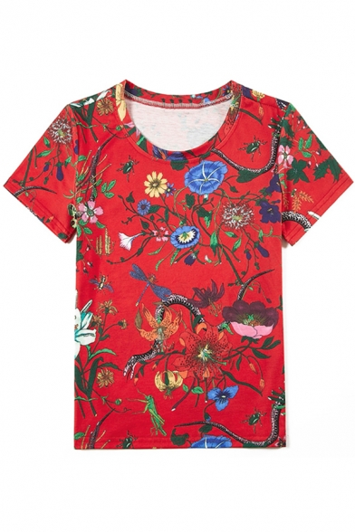 Summer Hot Fashion Floral Print Short Sleeve Round Neck Red T-Shirt