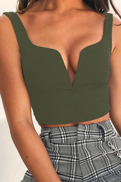 Summer New Trendy Solid Color V-Neck Sleeveless Cropped Cami Top for Women