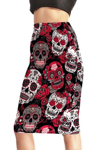 Summer Popular Floral Skull Printed Black Midi Pencil Skirt
