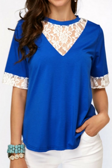 Summer Popular Lace Trimmed Round Neck Short Sleeve Womens Plain Loose Tee