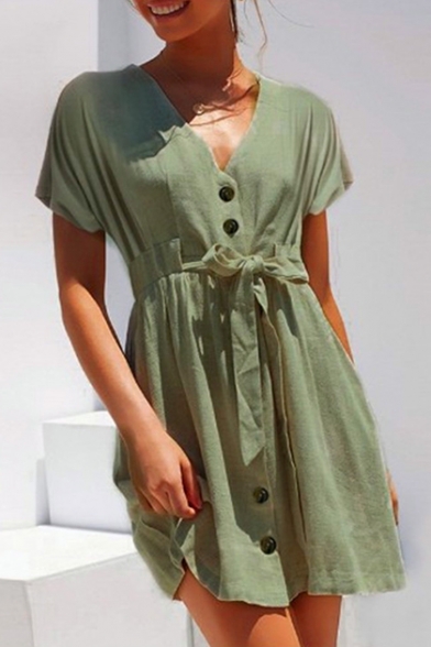 Summer Simple Plain V-Neck Short Sleeve Button Down Bow-Tied Waist Mini A-Line Dress