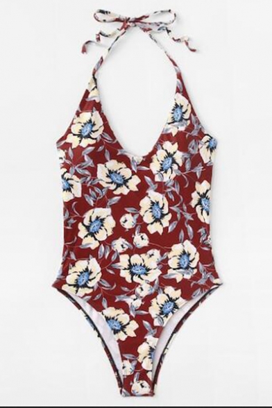 Summer Trendy Red Floral Print Women's Halter Neck One Piece Swimsuit