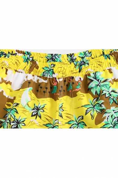 Summer Trendy Yellow Tropical Coconut Palm Printed Beach Swim Shorts with Lining