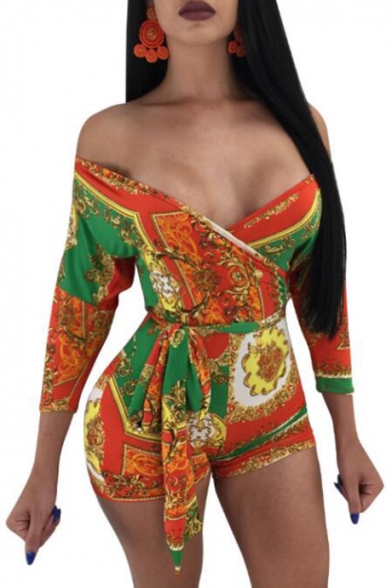 Summer Women's Chic Floral Printed Sexy Plunged V-Neck Three-Quarter Sleeve Tied Waist Slim Fit Rompers