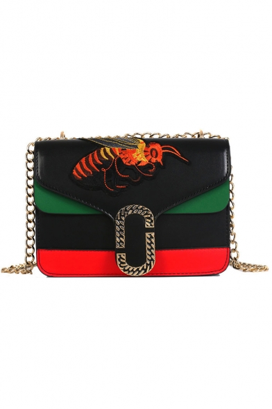 Trendy Color Block Stripe Pattern Embroidery Bee Patched Crossbody Shoulder Bag 21.5*8.5*13.5 CM