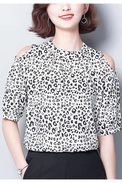 Trendy Leopard Print Cold Shoulder Black and White Chiffon Tee