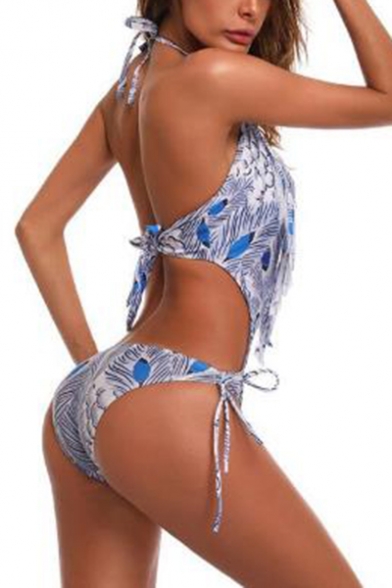 Trendy Peacock Feather Printed Halter Neck Tied Side One Piece Swimsuit for Women