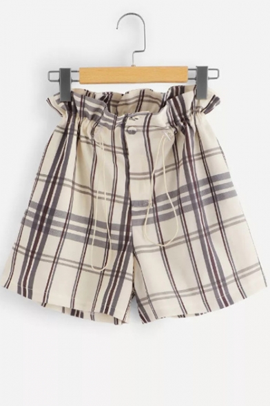 Unique Check Stripe Pattern Drawcord Waist Casual Loose Paperbag Shorts