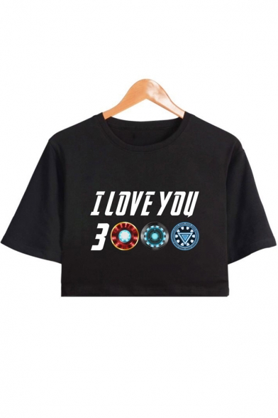 Unique Cool Iron Letter I LOVE YOU 3000 Short Sleeve Round Neck Cropped T-Shirt