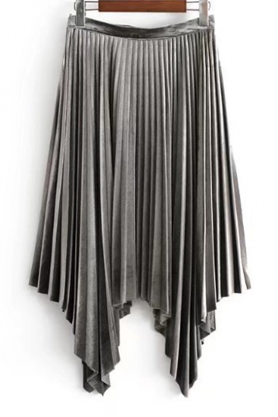 Unique Solid Color Womens Velvet A-Line Pleated Asymmetrical Skirt