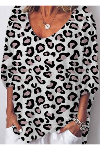 Women's Ladies Long Sleeve Animal Leopard Print V Neck Top T-Shirt 8-22 