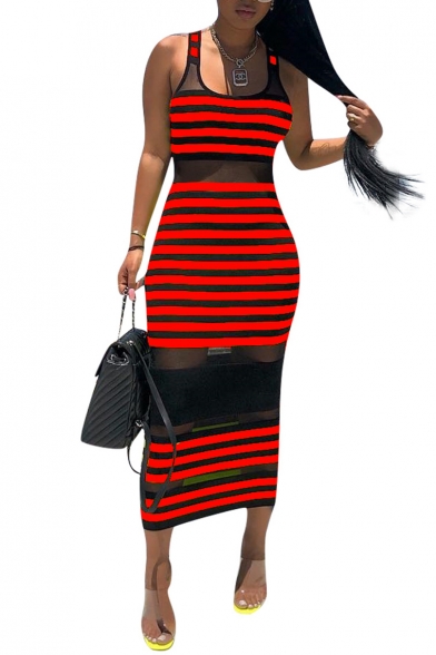 Women's Hot Fashion Mesh insert Sleeveless Striped Printed Maxi Slim Fit Nightclub Tank Dress