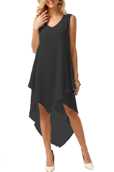 Women's Hot Fashion V-Neck Sleeveless Plain Print Asymmetric Hem Midi Tank Chiffon Dress