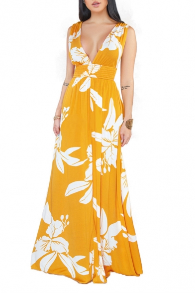 Women's Sexy V-Neck Sleeveless Floral Backless Maxi Casual Dress
