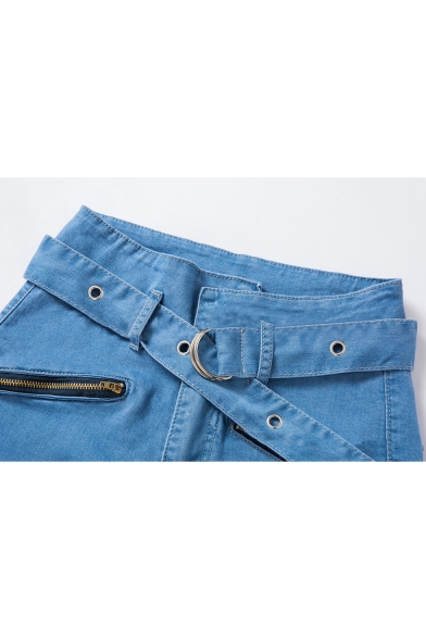 Women's New Trendy High Rise Eyelet Tied Waist Oblique Zip Light Blue Regular Fit Jeans