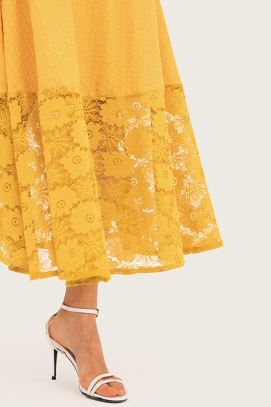Women's New Trendy Yellow Insert Guipure Maxi Evening Dress Cami Dress