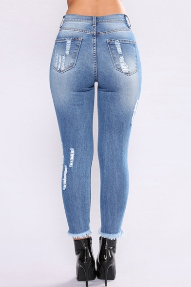 Women's Popular Fashion Fringed Hem Destroyed Ripped Hole Blue Skinny Fit Denim Jeans