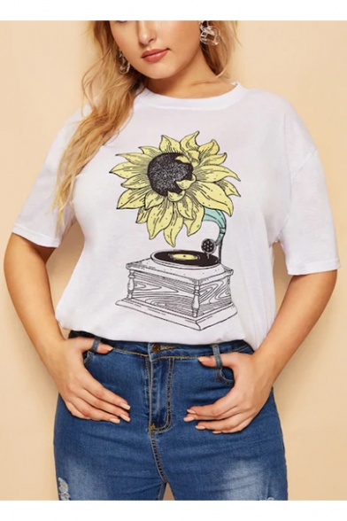 Women's Relaxed Round Neck Short Sleeve Sunflower Floral Print White T-Shirt