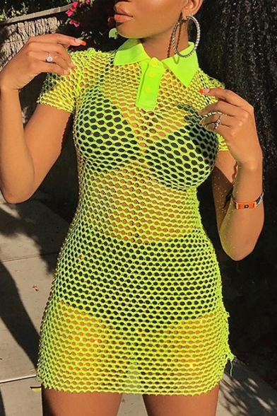 Women's Sexy Trendy Lapel Collar Short Sleeve Hollow Out Mesh Mini Green Dress