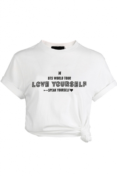 Women's Simple LOVE YOURSELF Letter White Round Neck Short Sleeve Tee