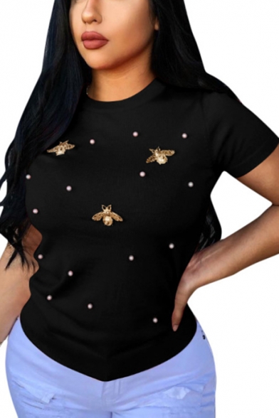 Women's Stylish Bead-Embellished Printed Round Neck Short Sleeve Plus Size T-Shirt