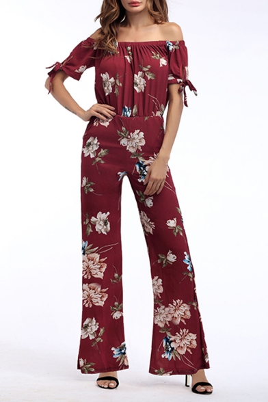 Romantc Womens OL Off-Shoulder Wide Legs Hi-Waist Floral Printing Jumpsuits 