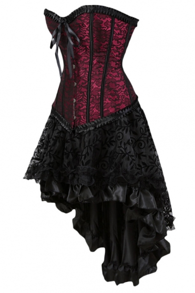 Women's Vintage Gothic Steampunk Luxury Jacquard Bow Tied Bodyshaper Corset High Low Hem Ruffled Bustier Dress