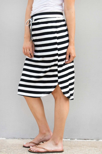 Womens Casual Loose Bow-Tied Front Elastic Waist Stripe Pattern Midi Shift Black Skirt