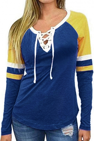 Womens Chic Lace-Up V-Neck Striped Long Sleeve Colorblock Loose Fit T-Shirt